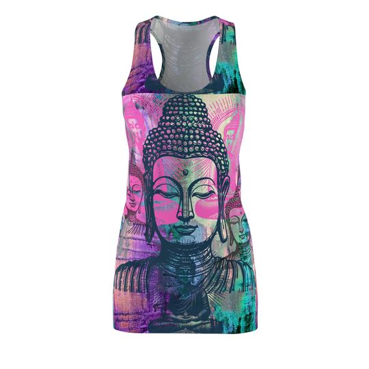 Discover Buddha Print Racerback Dress, Bohemian Summer Dress, Yoga Attire, Festival Fashion