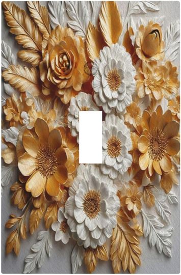 Discover White Gold Flowers Plant Leaf Floral Light Switch Cover, Wall Decor