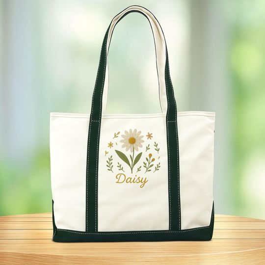 Discover Personalized Embroidered Daisy Tote Bag, Custom Embroidered Tote Bag, Gifts for Her, Custom Embroidered Bag, Daisy Floral tote Bag