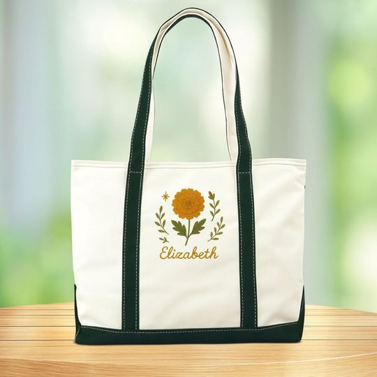 Discover Personalized Name Embroidered Marigold Tote Bag, Custom Embroidered Tote Bag, Gifts for Her, Custom Embroidered Bag, Floral tote Bag
