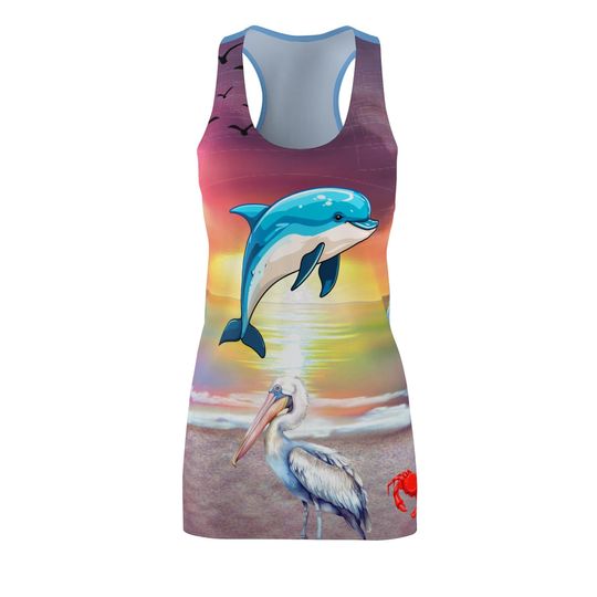 Discover Vibrant Dolphin Beach Racerback Dress, Summer Wear, Beach Party Dress, Vacation Outfit, Nautical Themed Casual Dress