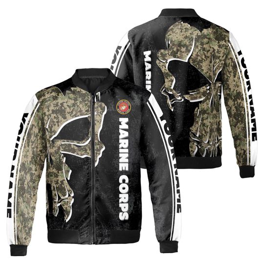 Discover Customize Name Marine Corps Skull Black Camo Pattern Bomber Jacket S-5XL