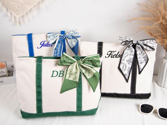 Discover Personalized Tote Bag with Scarf,Embroidered with Initials,Custom Tote Bags,Tote Bag with Scarfs,Name Tote Bags,Bachelorette Gift,School Bag