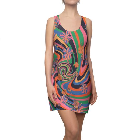 Discover Retro Floral Dress, Women's Racerback Sundress, Vintage Flower Pattern
