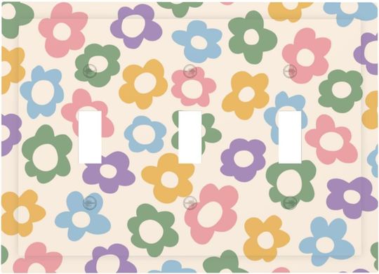Discover Colorful Retro Flower 3-Gang Triple Toggle Light Switch Cover Boho Vintage Floral Electrical Decorative Wall Plate Mid Size 6.7" x 4.8" for Bedroom Bathroom Playroom