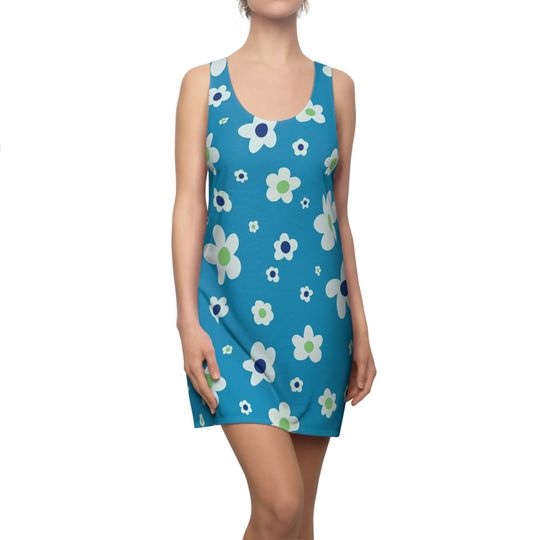 Discover Women's Racerback Dress Ditsy Daisies Print Summer Outfit Vacation Dress Casual Wear Gifts for Her Turquoise Blue White Flowers Dress