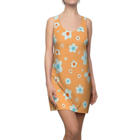 Discover Women's Racerback Dress Ditsy Daisies Print Summer Outfit Vacation Dress Casual Wear Gifts for Her Orange Blue White Flowers Dress