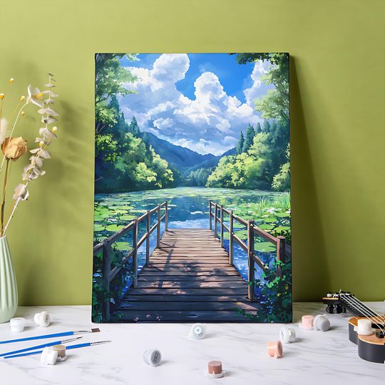 Discover Close to Nature Paint by Numbers Kit for Adults, Lively Spring Lake 24 Colors DIY Acrylic Painting Home Decor, Easy Green Plants Wall Art