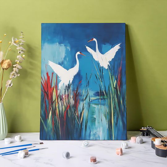 Discover Abstract White Cranes Paint by Numbers Kit for Adults, 24 Colors DIY Acrylic Painting Kits Nature in Silence Painting Kits Handmade Wall Art