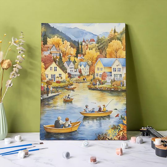 Discover River to Autumn Paint by Number for Adult, 24 Colors DIY Relaxing Fishing Paint by Number Kits Canvas Art, Oil Painting for Home Wall Decor