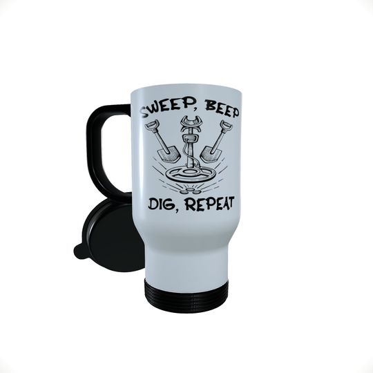Discover Sweep Beep Dig Repeat Travel Mug, Personalised Travel Mug, Thermos Tea Mug, Metal Detecting Themed Thermos Mug, Treasure Hunter Gift