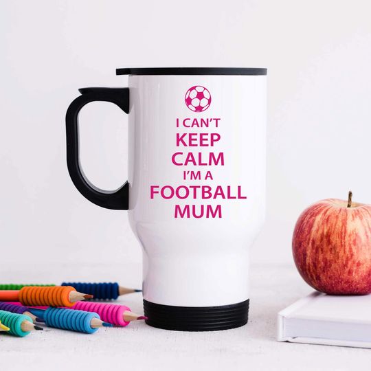 Discover Mug - I Can't Keep Calm I'm a Football Mum, Travel Metal Cup in Pink, Purple & Black - Perfect Gift for Football Lovers