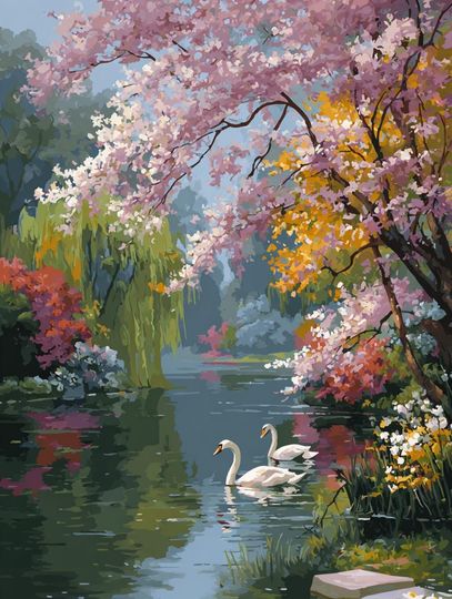 Discover Vintage Swans Paint by Numbers Kit  Misty Lake with Pink Flowers  Easy DIY Acrylic Painting for Adults  Rustic Home Decor Gift