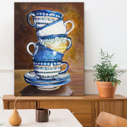 Discover Vintage Paint By Numbers Kit Adult, Blue Tea Cups, Painting Kit Gift for Crafters Gift for Moms Pile of Cups Art Set 121