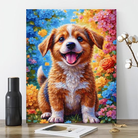 Discover Puppy Paint By Numbers Kit,Happy Dog with Colorful Blooms,Paint by Numbers Kit on Canvas For Adults,Home Wall Decor,DIY Gift For Dog Lovers