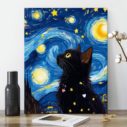 Discover Paint by Numbers for Adults,Black Cat With Starry Night Paint by Numbers Kit on Canvas, Impressionist Acrylic Painting Set, Handmade Gift