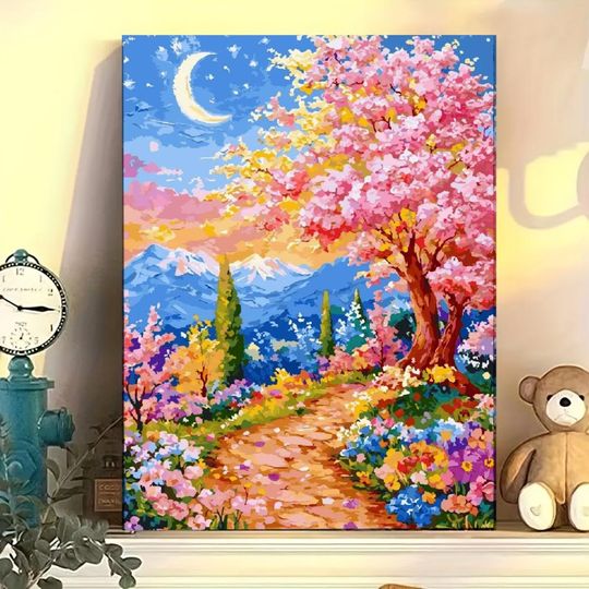 Discover Sakura Trail Paint by Numbers Kit on Canvas, Acrylic Painting Set For Adults Beginners,Scenery Home Wall Decor, Ideal Handmade Gift