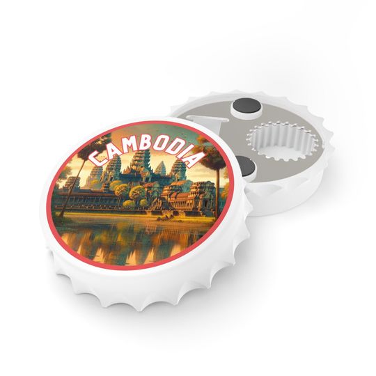 Discover Magnetic Bottlecap-shaped Bottle Opener, Cambodia Themed - Fridge Magnet, Kitchen Magnet, Bottlecap Opener