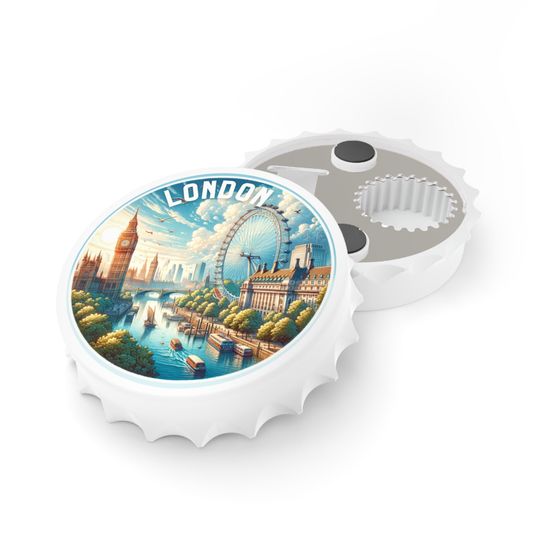 Discover Magnetic Bottlecap-shaped Bottle Opener, London Themed - Fridge Magnet, Kitchen Magnet, Bottlecap Opener