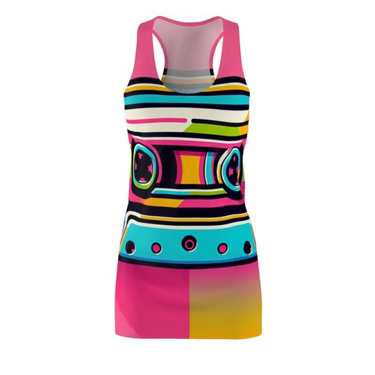 Discover Retro Cassette Racerback Dress - Stylish Summer Wear for Casual Outings & Festivals