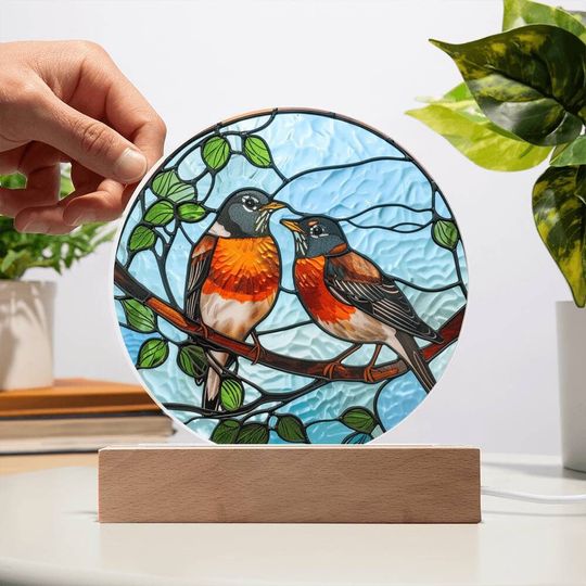 Discover Faux Stained Glass Robin Acrylic Plaque Suncatcher | American Robin Redbreast Bird Lover Gift | Garden Indoor Decor | Remembrance Gift