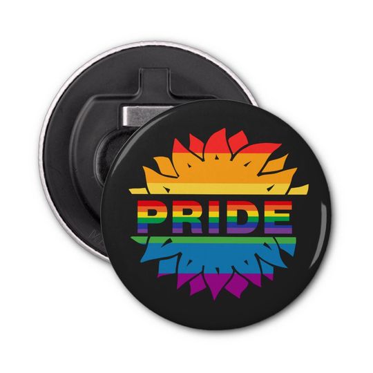 Discover LGBT+Pride love. rainbow flower Button Magnet Bottle Opener