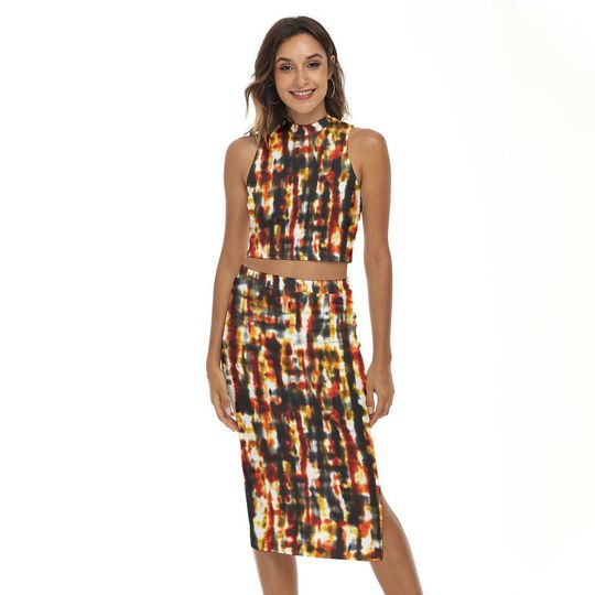 Discover Tie-Dye Women's Tank Top & Split High Skirt Set, Casual Sleeveless Set