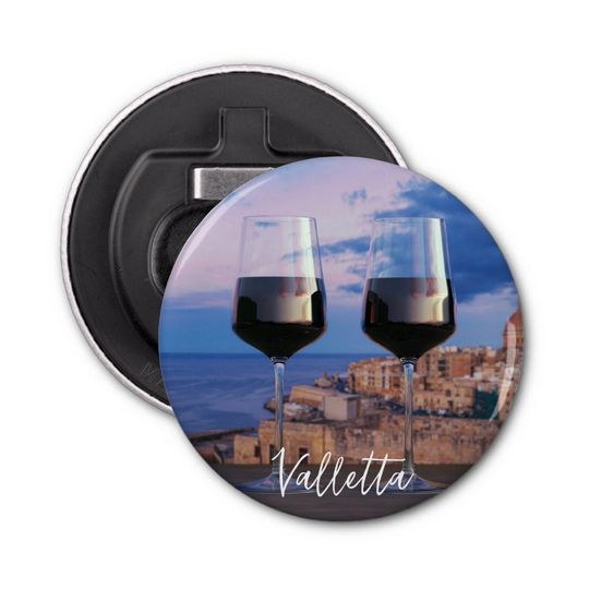 Discover Wine glasses with view of sunset over Valletta Bottle Opener