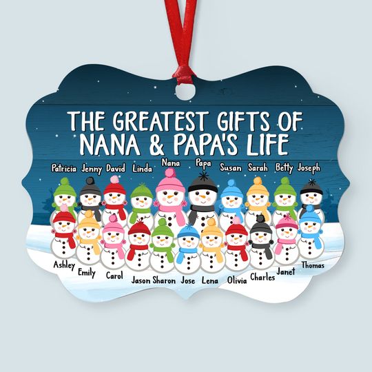 Discover Greatest Gift Of Nana & Papa's Life - Personalized Aluminum Ornament - Snowman Family