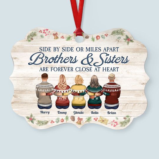 Discover Brothers & Sisters Are Forever Close At Heart - Personalized Aluminum Ornament - Family Hugging