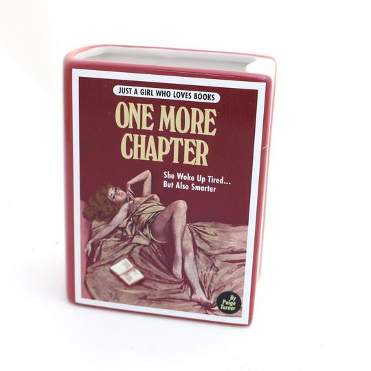 Discover One More Chapter book vase, pencil holder, ceramic book shaped pulp novel parody