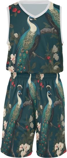 Discover Peacocks with Cherries on Branches with Floral Basketball Jersey Sets