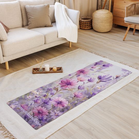 Discover Watercolor Wildflowers Personalized Yoga Mat 3 mm Thick Yoga Mat with Strap for Carrying Violet & Purple Mat Serene Meditation Non-Slip Mat