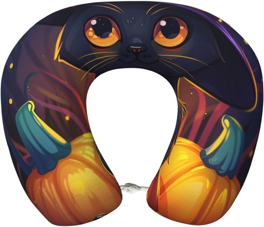 Discover Cartoon Cat with Witch Hat U-Shaped Travel Neck Pillows