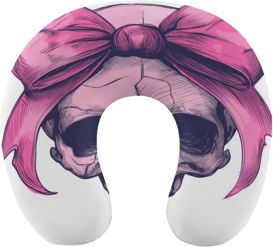 Discover Skull Head with Pink Bow Memory U-Shaped Travel Neck Pillows