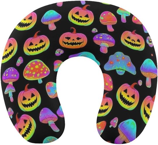 Discover Halloween Pumpkin Trippy Mushroom U-Shaped Travel Neck Pillows