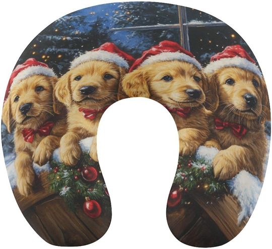 Discover Golden Puppies at Christmas Memory U-Shaped Travel Neck Pillows