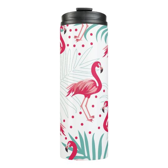 Discover Tropical flamingo and leaves, summer pattern. thermal tumbler