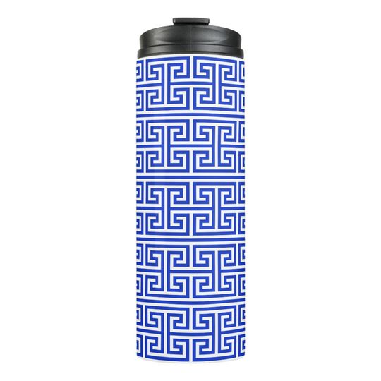 Discover Greek Meander Key Square H Pattern Blue Thermal Tumbler