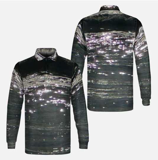Discover Men's Long Sleeve Polo Shirt  Ocean Wave Sparkle Print | Lightweight Casual Shirt