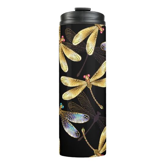 Discover Seamless Pattern with Golden Dragonflies Thermal Tumbler