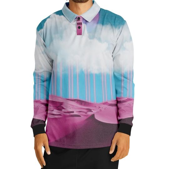 Discover Electric Desert Long Sleeve Polo Vaporwave Long Sleeve Polo Retro
