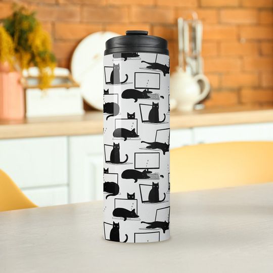 Discover Black Cats Sitting on Laptops Pattern Thermal Tumbler