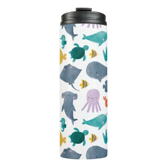 Discover Cute Watercolor Ocean Animals Pattern Thermal Tumbler