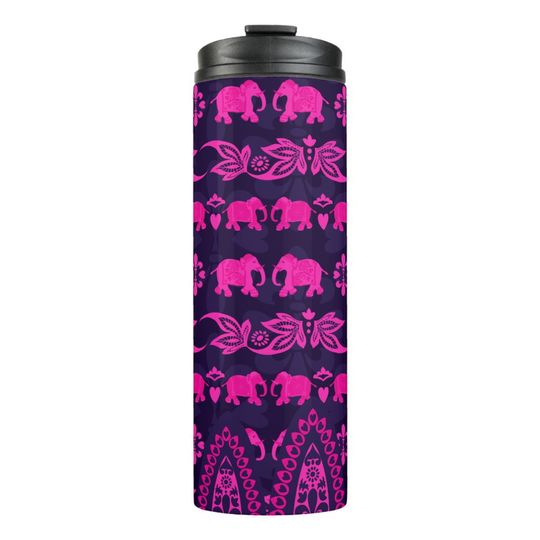 Discover Pink Asian Elephant Pattern on Blue Thermal Tumbler