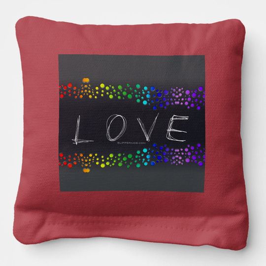 Discover SlipperyJoe's scribbled love word rainbow gradient Cornhole Bags
