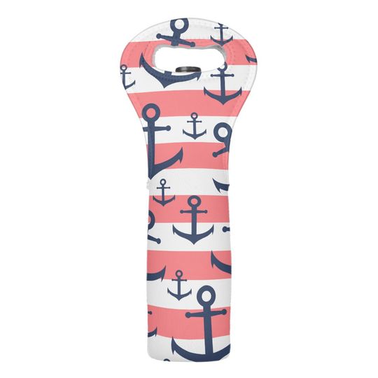Discover Nautical coral stripe navy blue anchor pattern wine bag