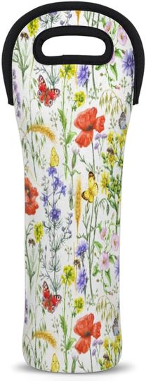Discover Single Bottle Wine Gift Tote Carrier Butterfly Spring Flower Neoprene Wine Tote Bags Holder Cooler Wine Gift for Women Men
