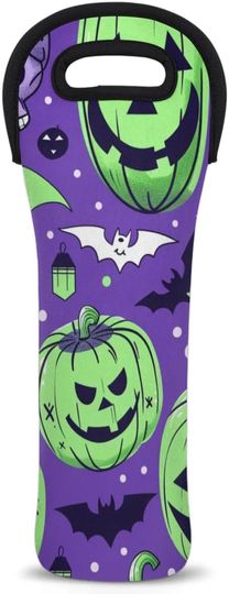 Discover Art Halloween Skeleton Pattern Wine Gift Tote Bag Neoprene Single Bottle Holder 750ml Wine Carrier Bags for Travel Wedding Festival Favors 5.1 X 15.6 In