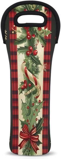 Discover Christmas Theme Pattern Wine Gift Tote Bag Neoprene Single Bottle Holder 750ml Wine Carrier Bags for Travel Wedding Festival Favors 5.1 X 15.6 In